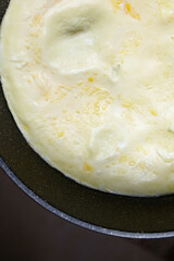 Close-up view of a fluffy omelette cooking in a non-stick frying pan, showcasing the smooth texture and golden color, emphasizing culinary art and delicious breakfast concept