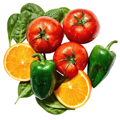 Colorful vegetables and fruits are displayed on fresh greens, perfect for making healthy dishes or snacks