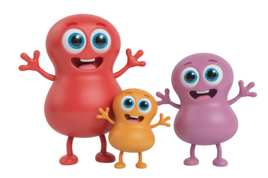 Three cheerful, colorful 3D cartoon characters, a red, orange, and purple blob, stand smiling with open arms, conveying happiness. background removed - Powered by Adobe