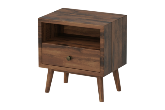 Stylish dark brown wooden nightstand with an open shelf, a single drawer, round knob, and splayed legs, featuring a modern design. background removed