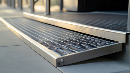 A detailed shot showcases the geometric texture of a metal grate step, highlighting its industrial design and sturdy construction. The sunlight adds depth.