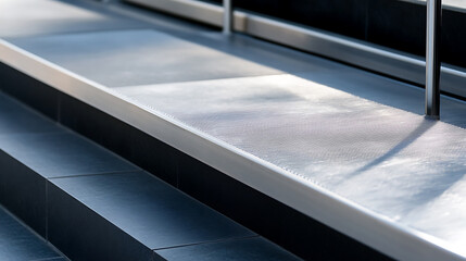 Modern architecture meets minimalist design in this study of textures and lines. Metallic surfaces contrast with dark tiles, accented by natural light creating sleek look.