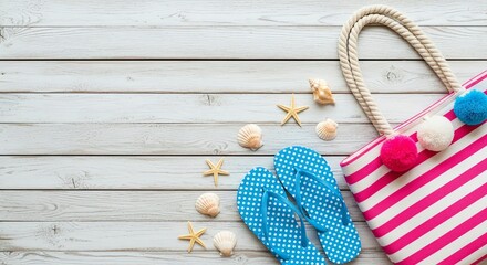 Summer beach travel adventure pink striped bag with flip-flops, seashells, and starfish on white wood background