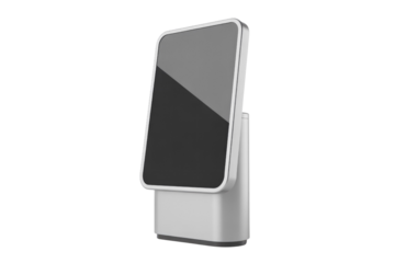 Sleek, modern digital display or interactive kiosk with a blank, reflective screen and silver finish. Ideal for informational or commercial use. background removed