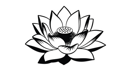 Elegant black and white lotus flower silhouette with detailed petals and center perfect for spiritual and natural designs silhouette