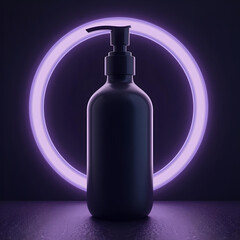 Black Pump Bottle Mockup with Purple Neon Light