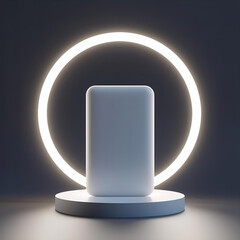 White Product Mockup on Podium with Neon Ring Light