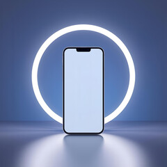 Smartphone Mockup with Blank Screen on Reflective Blue Background