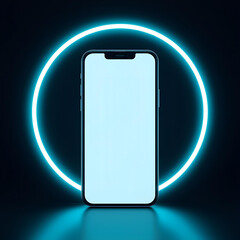 Smartphone Mockup with Blank Screen and Cyan Neon Light