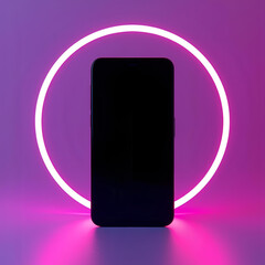 Smartphone Mockup with Black Screen and Pink Purple Neon Light