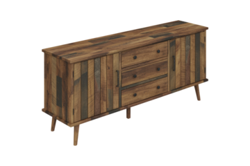 A rustic industrial wooden sideboard featuring multiple drawers and cabinets, showcasing a distressed wood plank design and tapered legs on a solid background. background removed