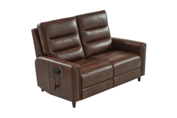 Elegant brown leather reclining loveseat with two seats, plush cushions, and manual recline mechanism, presented on a solid transparent background. background removed