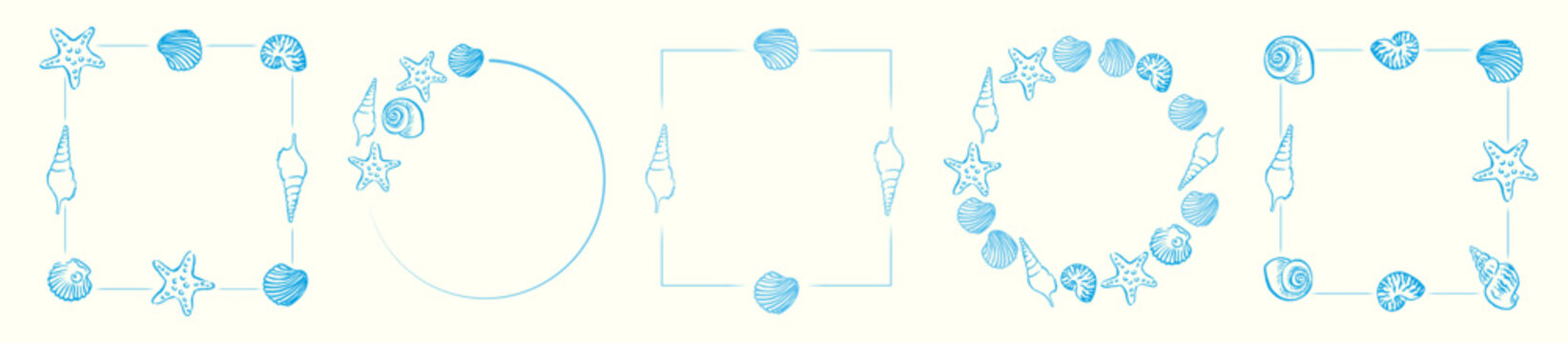 Set of hand drawn blue seashell and starfish frames. Minimal marine design elements for summer invitations, posters, cards, and beach-themed projects.