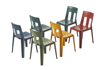 A dynamic arrangement of six colorful plastic chairs, featuring shades of blue, green, red, olive, and yellow, on a solid background. background removed