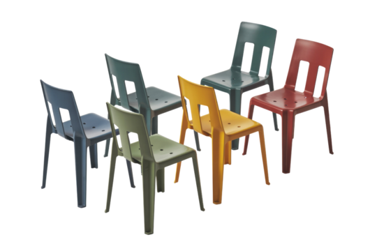 A dynamic arrangement of six colorful plastic chairs, featuring shades of blue, green, red, olive, and yellow, on a solid background. background removed