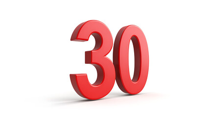 A bold, three-dimensional representation of the number thirty, rendered in a vibrant red hue. The clean, minimalist backdrop accentuates the glossy sheen of the numerals.