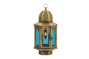 A detailed antique bronze Moroccan lantern with intricate patterns and vibrant blue glass panels, casting a warm glow. Ideal for festive decor. background removed