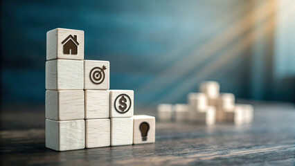 Wooden blocks arranged as a staircase with business and real estate icons representing goal achievement, financial growth, strategic planning