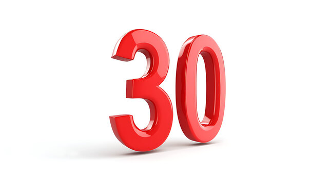 A vivid, glossy 3D rendition of the number 30 in a striking red hue stands out against a pristine white background, symbolizing a milestone or celebration.
