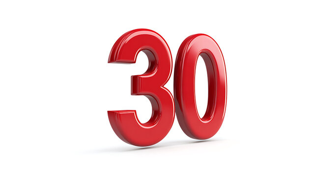 Bright red number 30 against a stark white backdrop. The numerals stand boldly, embodying concepts like age, anniversaries, deals, or milestones. A simple, impactful visual.