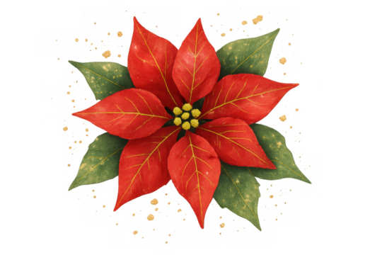 Poinsettia flower watercolor painting with golden specks, classic christmas holiday symbol, transparent background
