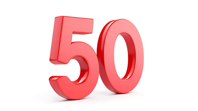 A vibrant image featuring the number 50, rendered in a glossy red hue, standing prominently against a clean white background. The sharp focus highlights its contours.