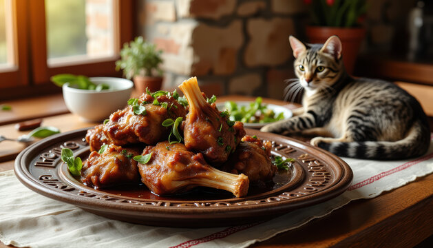 Cat resting beside braised meat on rustic kitchen table by window