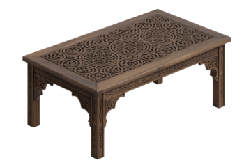 Exquisite carved wooden coffee table featuring intricate circular and floral patterns on its surface and ornate legs, in a classic style. background removed