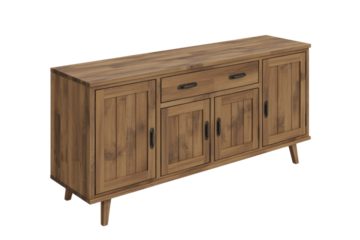 A long, wooden sideboard or buffet cabinet featuring multiple doors, two central drawers, and stylish splayed legs, perfect for storage. background removed