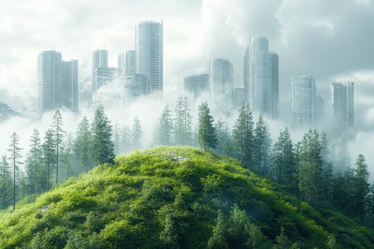 A misty skyline reveals modern skyscrapers behind lush greenery in a serene landscape - Powered by Adobe