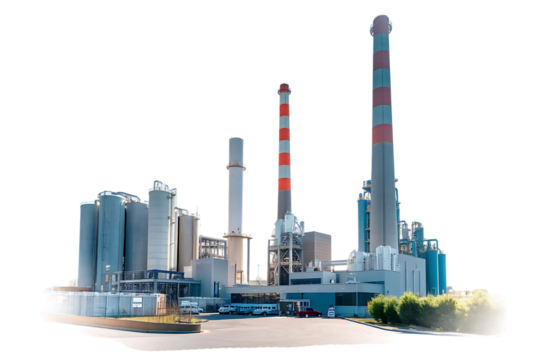 Large industrial power plant, with tall smokestacks and storage silos under a bright moon, cutout, PNG isolated on white or transparent background