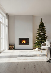 Modern living room interior with Christmas tree and fireplace. Cozy Scandinavian winter home decorated for holidays with minimalist festive design and warm atmosphere.