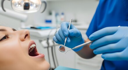 Dentist in blue gloves examining a patient's open mouth with dental tools during a routine checkup in a clean clinic.
