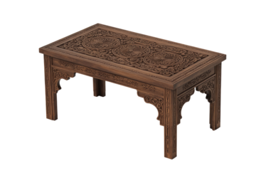 An intricately carved dark wooden coffee table, showcasing detailed floral and geometric patterns, perfect for traditional or exotic decor. background removed