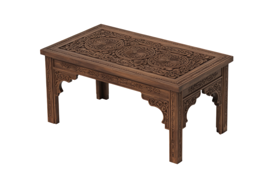 An intricately carved dark wooden coffee table, showcasing detailed floral and geometric patterns, perfect for traditional or exotic decor. background removed