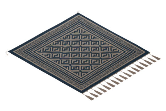 Stylish navy and beige square fabric throw featuring intricate geometric patterns, decorative borders, and tassels, presented cleanly on a transparent background. background removed - Powered by Adobe