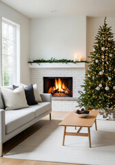 Modern living room interior with Christmas tree and fireplace. Cozy Scandinavian winter home decorated for holidays with minimalist festive design and warm atmosphere.