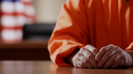 Close-up of clasped hands on a wooden table in a courtroom, with an American flag in soft focus in the background. Focus on the hands and the orange attire.