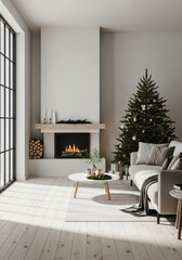 Modern living room interior with Christmas tree and fireplace. Cozy Scandinavian winter home decorated for holidays with minimalist festive design and warm atmosphere.