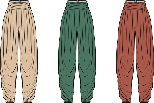 A collection of women's bohemian style harem pants shown in a fashion flat sketch template with three different color options