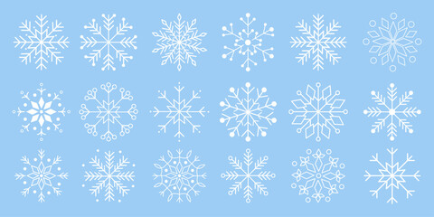 White snowflake elements on blue background. Minimal geometric winter icons for Christmas and New Year cards, wrapping paper, patterns, decorations, and seasonal projects. Vector illustration.