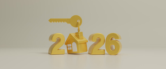 Golden house and key icon with 2026 New Year number on yellow background. Family budget planning. Investments, plans, savings. Mortgage rates. Real estate concept for home purchase. 3d rendering