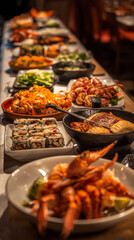 Obraz premium Buffet food with assorted sushi rolls, mixed green salad, sizzling teppanyaki dishes, and fresh seafood