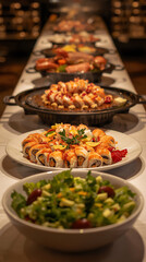 Dinner buffet food with assorted sushi rolls, mixed green salad, sizzling teppanyaki dishes, and fresh seafood