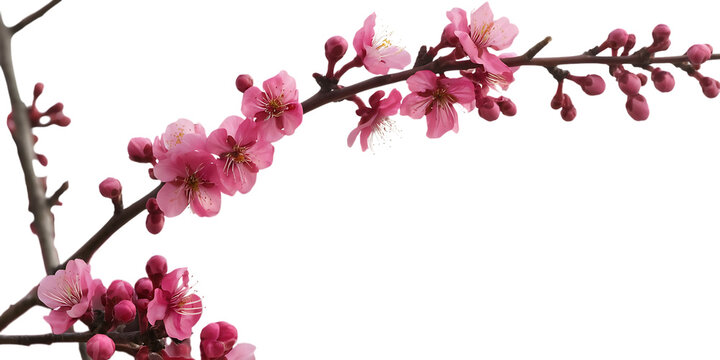 Delicate pink cherry blossoms and buds, on a thin branch, cutout, PNG isolated on white or transparent background pink flowers - Powered by Adobe
