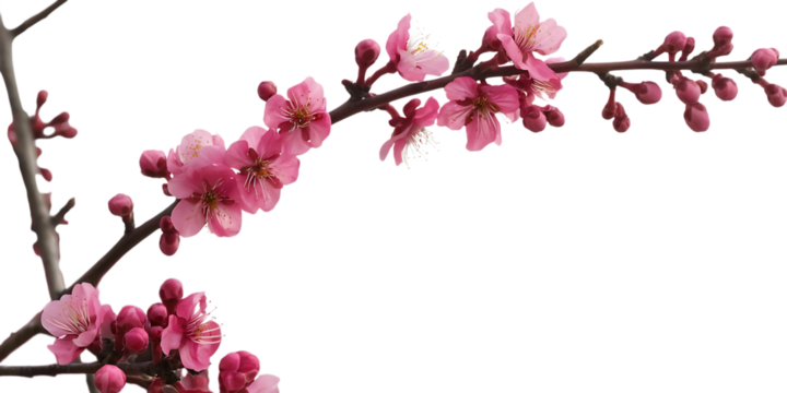 Delicate pink cherry blossoms and buds, on a thin branch, cutout, PNG isolated on white or transparent background pink flowers