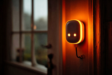 Smart home wall light glowing with warm Halloween-inspired illumination in cozy evening interior