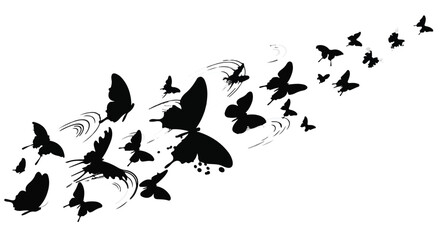A dynamic swarm of black butterflies takes flight, symbolizing freedom and transformation.