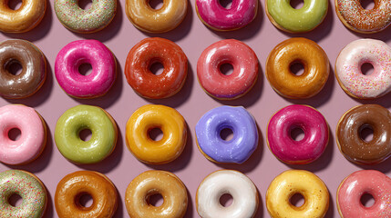 A Colorful Assortment of Donuts. A close-up shot of an array of donuts, each with a unique glaze and topping, creating a visual feast.