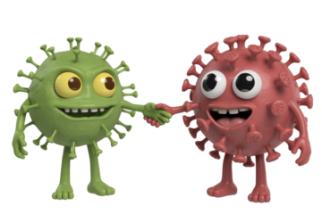 Two friendly, cartoon 3D virus characters, one green and one red, shaking hands and smiling. A playful representation of viral interaction. background removed